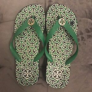 Tory Burch green geo flip flops